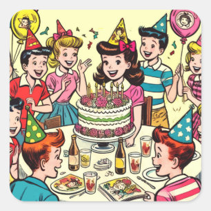 Retro Kids Birthday Party Comics Square Sticker