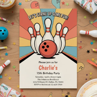 Retro Kids Bowling Birthday Party Invitation