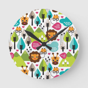 retro kids safari lion wildlife round clock