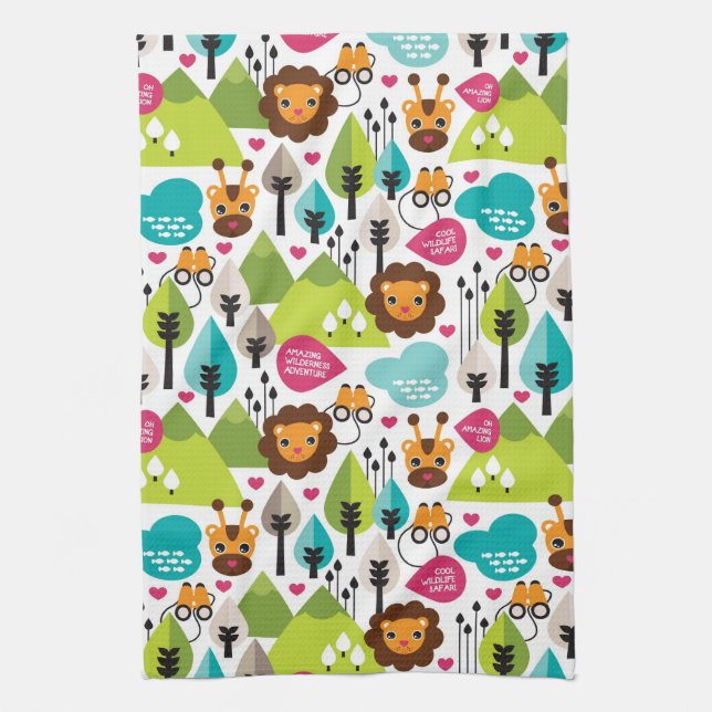retro kids safari lion wildlife tea towel (Vertical)