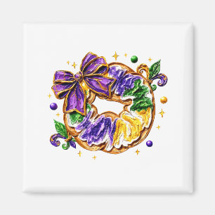 Retro King Cake Coquette Bow Beads Happy Mardi Gra Magnet