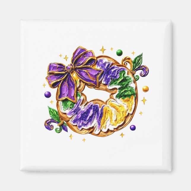 Retro King Cake Coquette Bow Beads Happy Mardi Gra Magnet (Front)