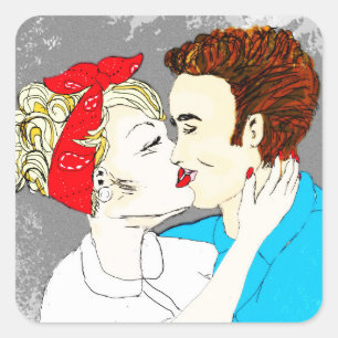Retro Kissing Couple Square Sticker