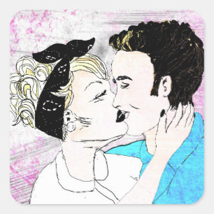 Retro Kissing Couple Square Sticker
