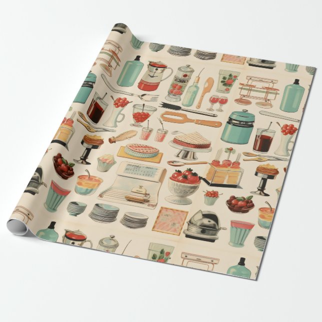 Retro Kitchen Cakes and Tools Wrapping Paper (Unrolled)