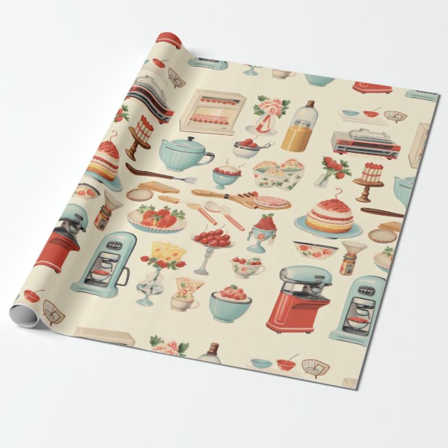 Retro Kitchen Cakes and Tools Wrapping Paper (Unrolled)