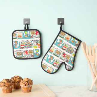 Retro Kitchen Cook Book Illustration Aqua Oven Mitt & Pot Holder Set