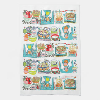 Retro Kitchen Cook Book Illustration Aqua Tea Towel
