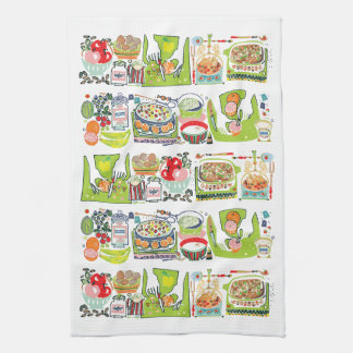 Retro Kitchen Cook Book Illustration Bright Green Tea Towel