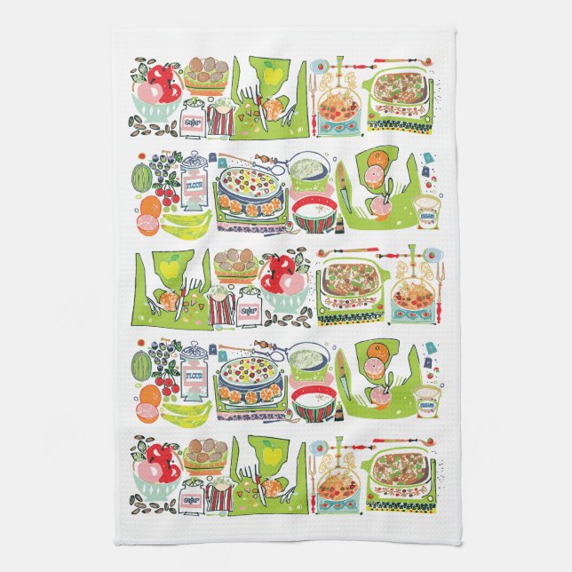Retro Kitchen Cook Book Illustration Bright Green Tea Towel (Vertical)