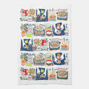 Retro Kitchen Cook Book Illustration Navy Blue Tea Towel
