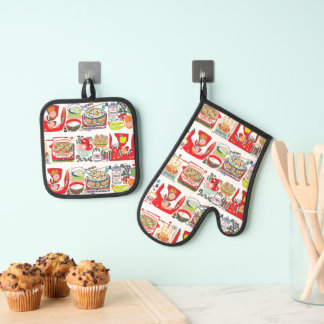 Retro Kitchen Cook Book Illustration Red Oven Mitt & Pot Holder Set