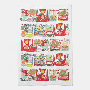 Retro Kitchen Cook Book Illustration Red Tea Towel