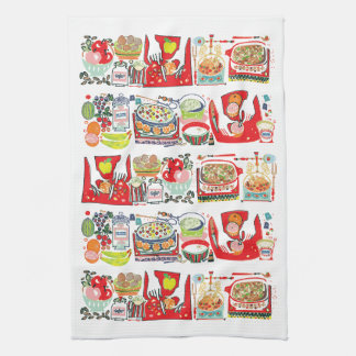 Retro Kitchen Cook Book Illustration Red Tea Towel