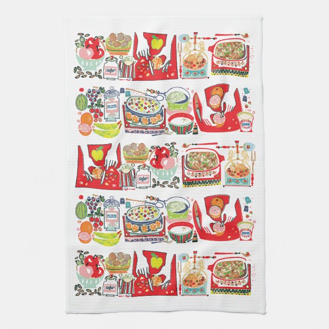 Retro Kitchen Cook Book Illustration Red Tea Towel (Vertical)