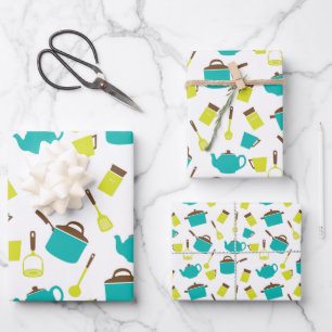 Retro Kitchen Decorative Pots Pans Utensils Theme Wrapping Paper Sheet
