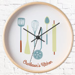 Retro Kitchen Personalised Clock<br><div class="desc">Fun retro kitchen implements.  Change the name or text to personalise.  Original art by Nic Squirrell.</div>