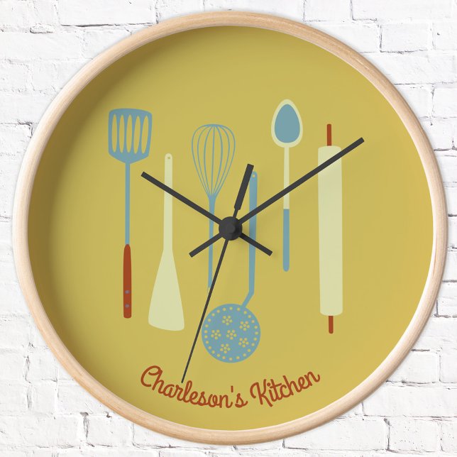 Retro Kitchen Personalised Clock (Retro kitchen utensils personalized custom text clock)