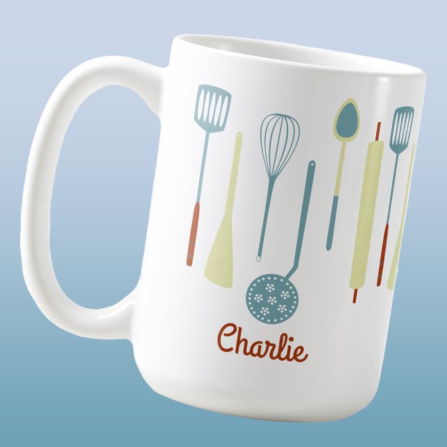 Retro Kitchen Personalised Coffee Mug (Retro kitchen utensils personalized name mug)