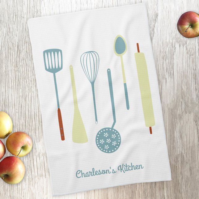 Retro Kitchen Personalised Tea Towel (Retro kitchen utensils personalized kitchen towel with editable text)