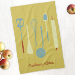 Retro Kitchen Personalised Yellow Tea Towel<br><div class="desc">Fun retro kitchen implements.  Change or remove the name or text to personalise.  Original art by Nic Squirrell.</div>