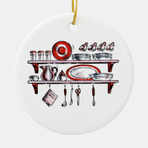 Retro Kitchen Shelf in Black White and Red Ceramic Tree Decoration