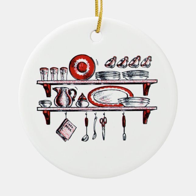 Retro Kitchen Shelf in Black White and Red Ceramic Tree Decoration (Front)