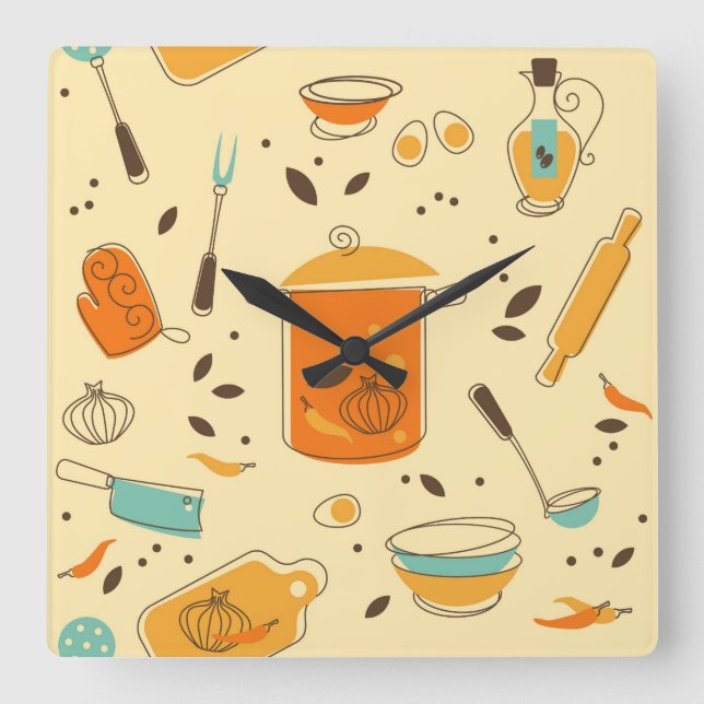Retro Kitchen Square Wall Clock (Front)