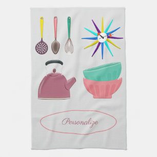 Retro Kitchen Utensils, Clock, Teapot Personalise Tea Towel