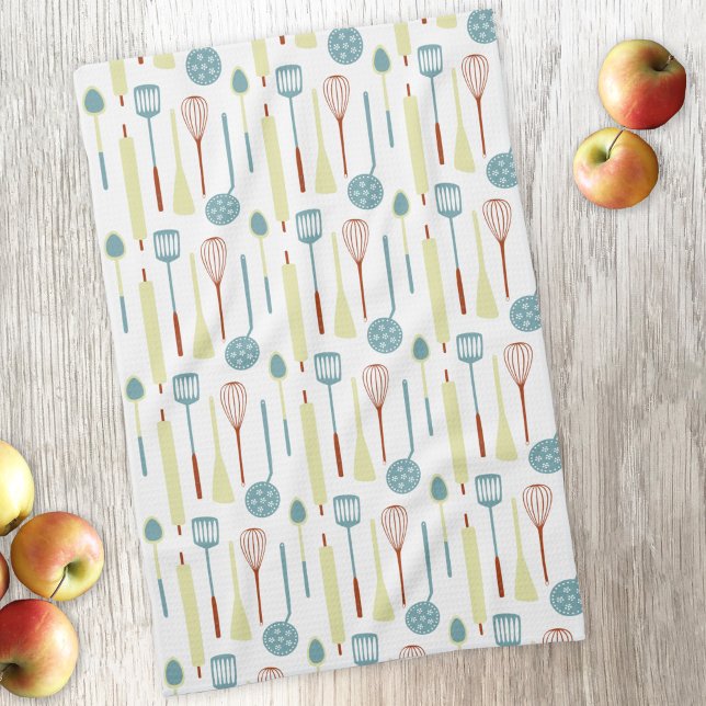 Retro Kitchen Utensils Tea Towel (Retro kitchen utensil pattern kitchen towel)