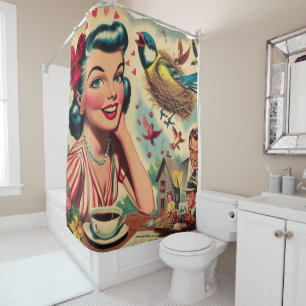 Retro Kitsch 1950s Girl Illustration Shower Curtain