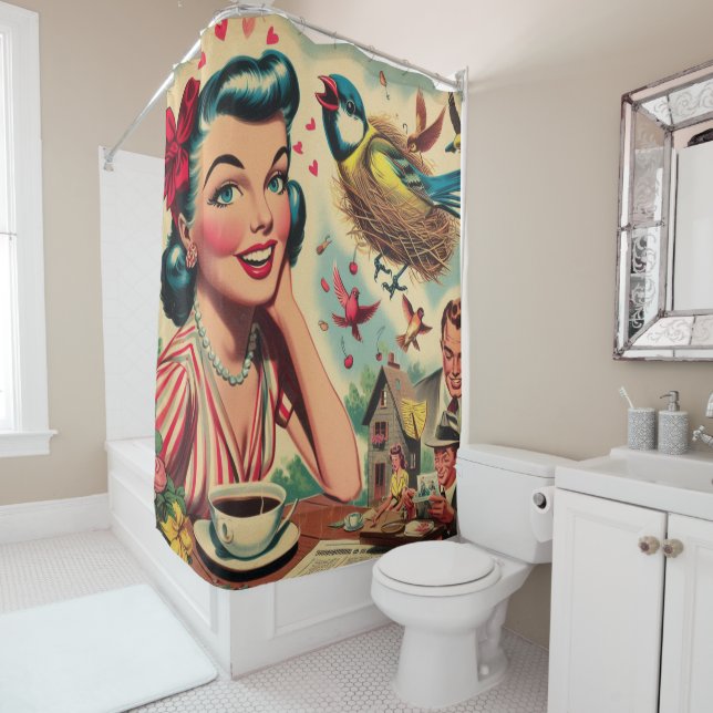 Retro Kitsch 1950s Girl Illustration Shower Curtain (In Situ)