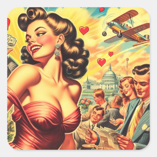 Retro Kitsch Cute Pin-up Square Sticker (Front)