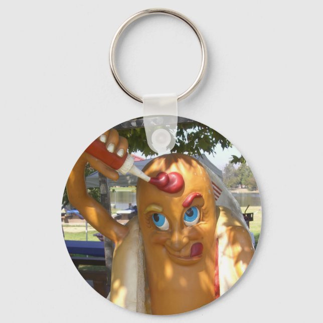 Retro Kitsch Hot Dog Statue Key Ring (Front)