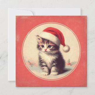 Retro Kitten in Santa Hat Holiday Card