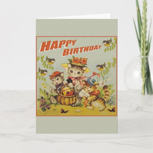 Retro Kittens Birds And Butterflies Birthday Card (Front)