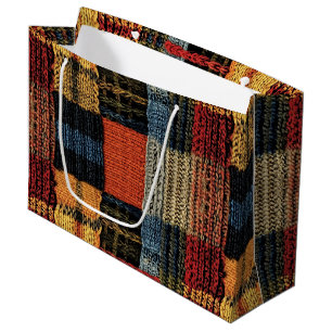 Retro Knit Patchwork - Cozy Autumn Boho Vintage Large Gift Bag
