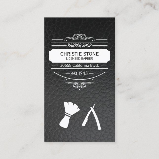 Retro Label Barber Blade and Beard Leather Business Card (Front)