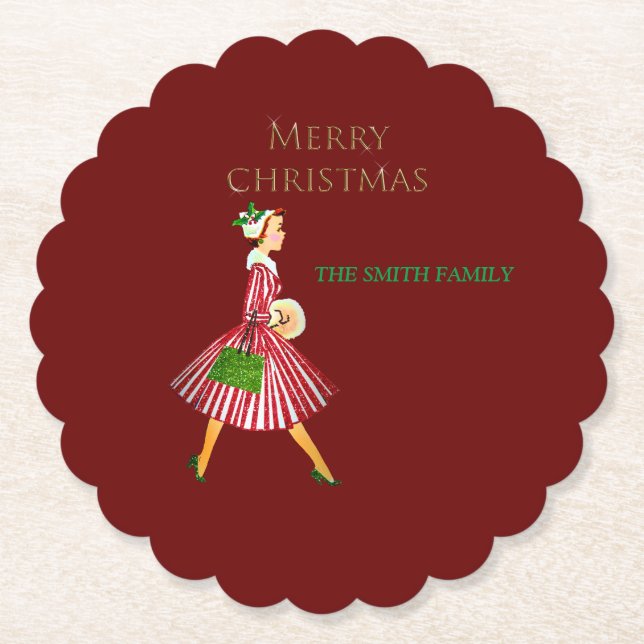 Retro lady and christmas red paper coaster (Front)