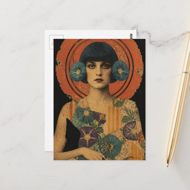 Retro Lady and Flowers Postcard (Front/Back In Situ)