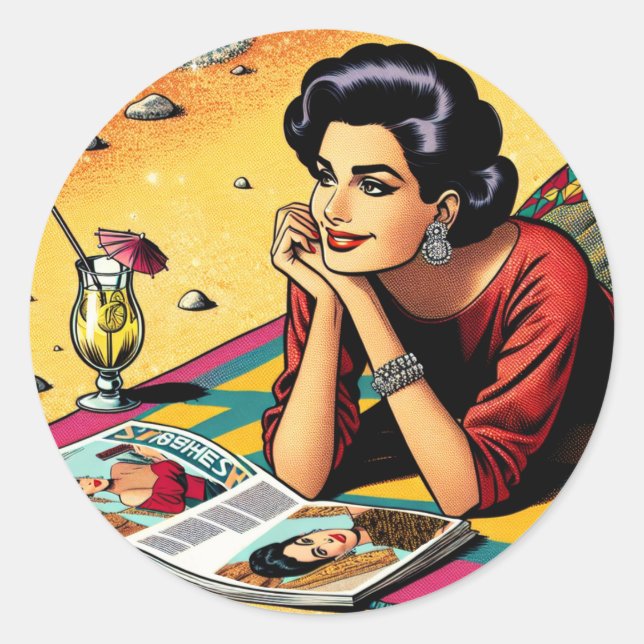 Retro Lady at Beach Daydreaming about Fashion Classic Round Sticker (Front)