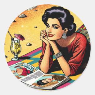 Retro Lady at Beach Daydreaming about Fashion Classic Round Sticker