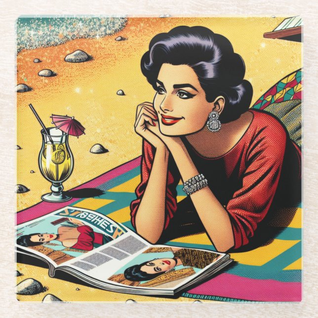Retro Lady at Beach Daydreaming about Fashion Glass Coaster (Front)