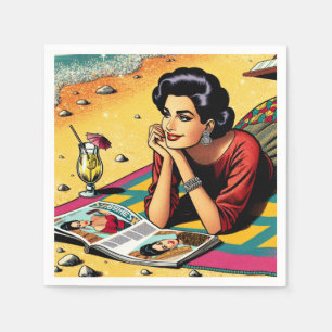 Retro Lady at Beach Daydreaming about Fashion Napkin