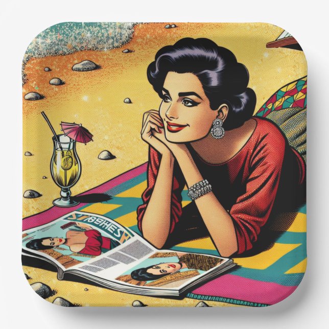Retro Lady at Beach Daydreaming about Fashion Paper Plate (Front)