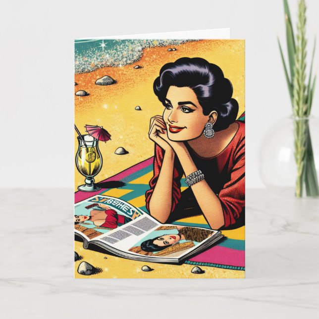 Retro Lady at Beach Daydreaming Birthday Card (Front)
