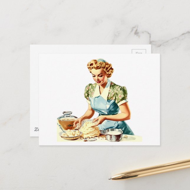 Retro Lady Baking  Postcard (Front/Back In Situ)