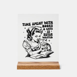 Retro lady book cat lover word art acrylic sign