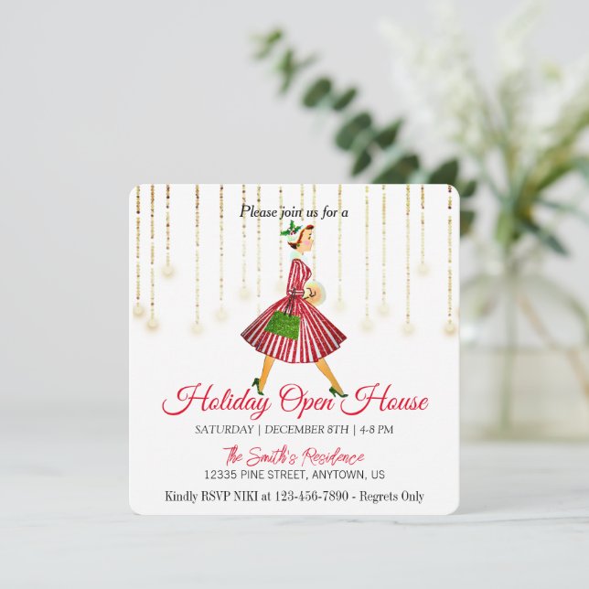 Retro lady  Christmas tree Holiday Card (Standing Front)