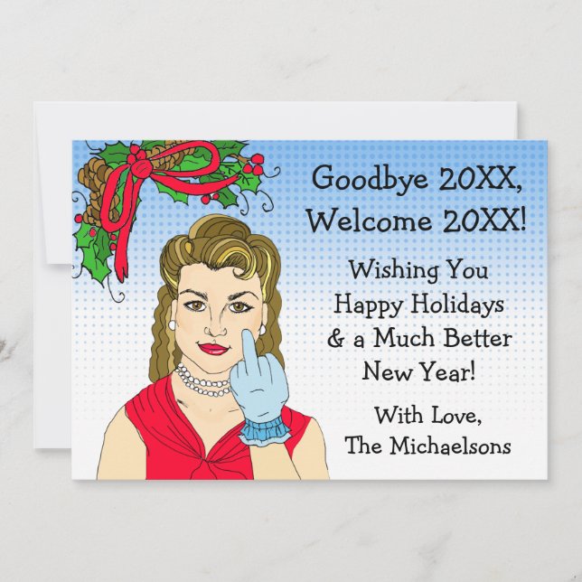 Retro Lady  Flipping the Bird Christmas Card (Front)